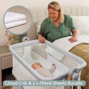 Obaby Cloud Bedside Crib + 2 Crib Fitting Sheets Bundle - Grey