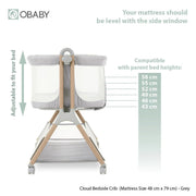 Obaby Cloud Bedside Crib + 2 Crib Fitting Sheets Bundle - Grey